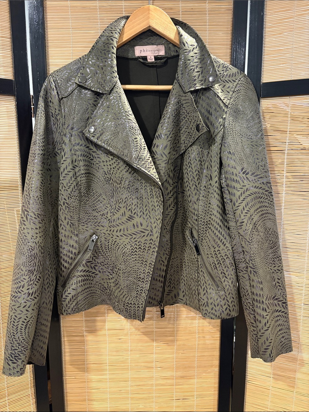 philosophy olive patterned moto jacket with embossed leaf design